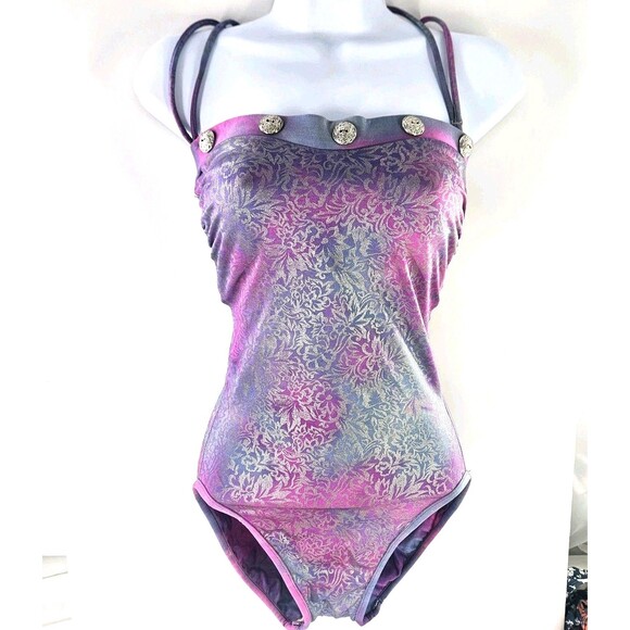 Vtg 80s Rose Marie Reid Rose Purple Pink Shimmery Silver Halter Swimsuit S/M/10 - Picture 1 of 16